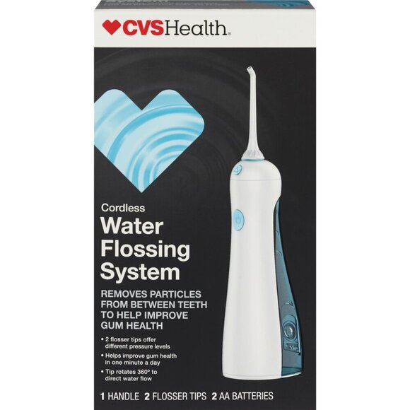 CVS Health RECHARGEABLE CORDLESS WATER FLOSSING SYSTEM & Handle,2 water jet tips - Picture 1 of 4